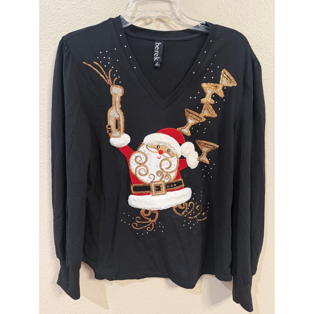 Berek Santa Champagne Martini Top Womens Medium Black Excellent Sequin Holiday